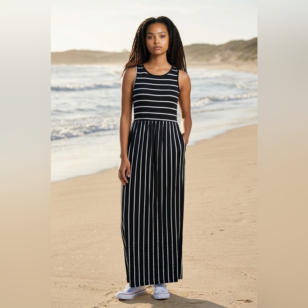 Sleeveless Black & White Striped Maxi Dress - Picture 2 of 11